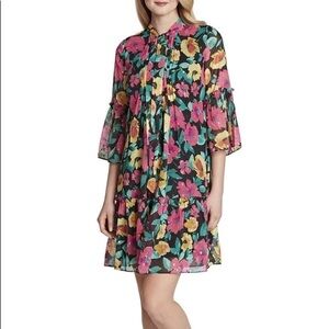 TAHARI BLACK PINK GREEN GOLD FLORAL CHIFFON RUFFLE PLEAT BOW DRESS NWT